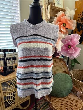 Cecilie Copenhagen Lavender Striped Cotton Knit Sleeveless Preppy Sweater Vest